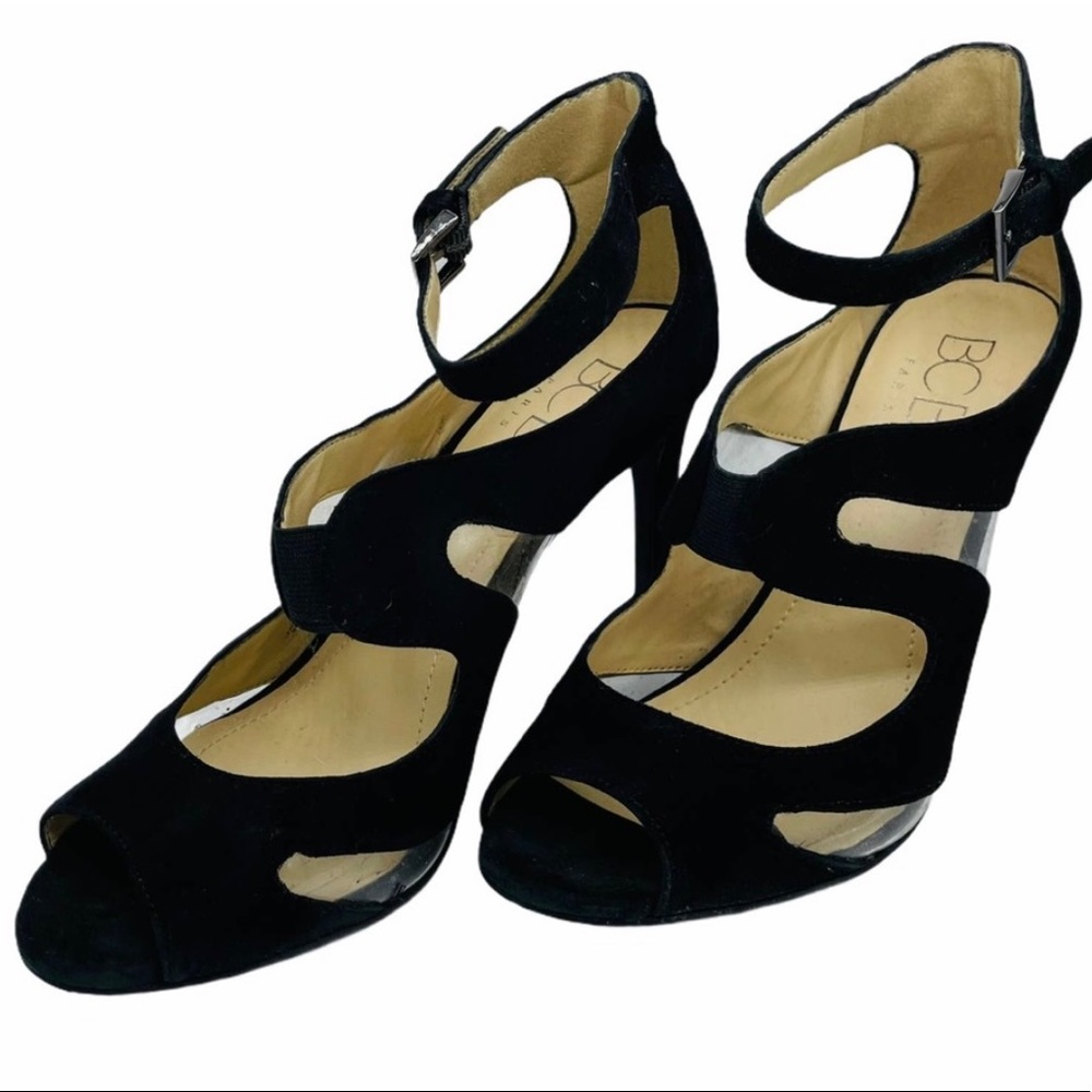 BCBG Black Suede and Clear Fantina Heels Sandals